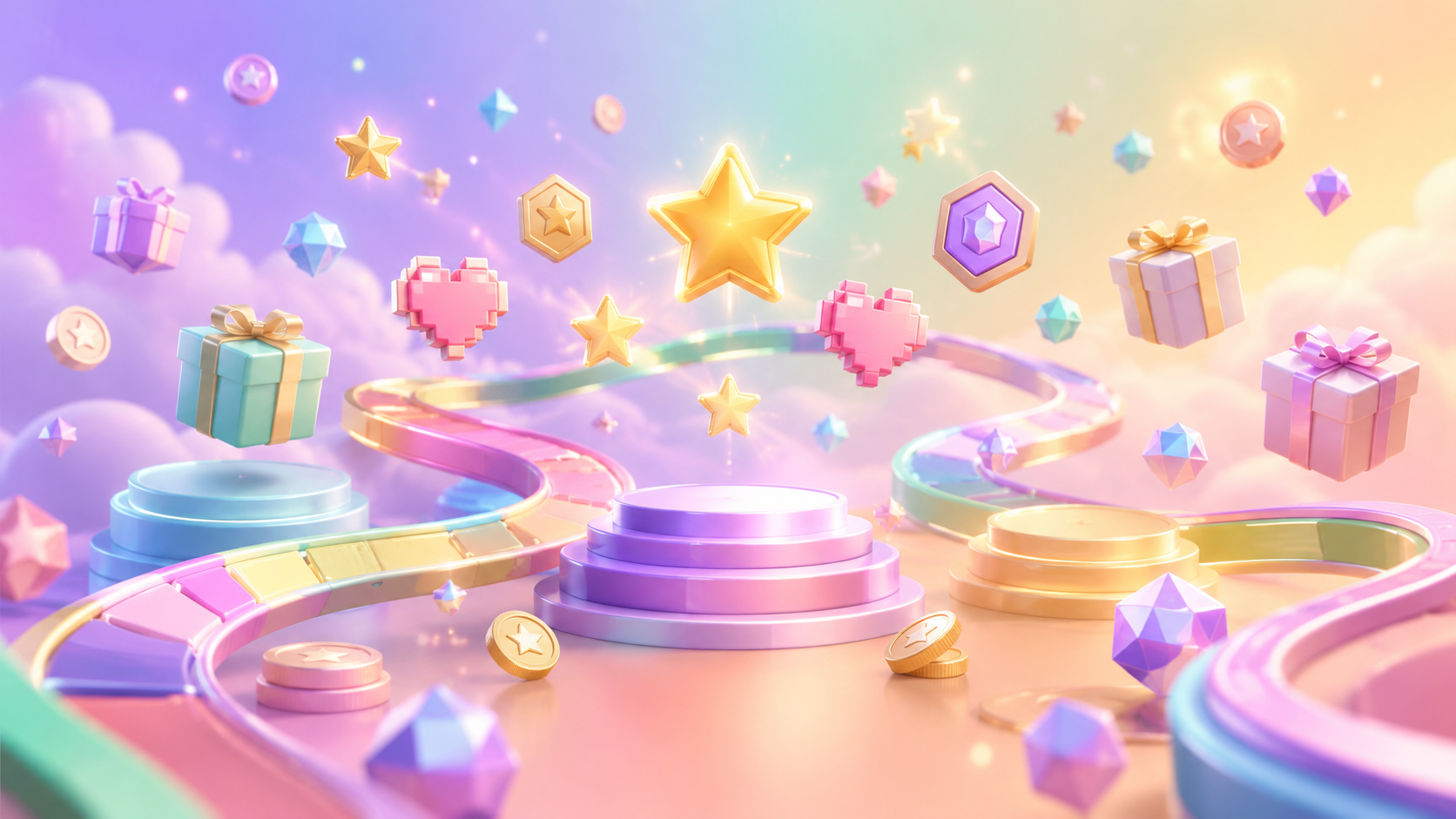 This is abstract art of gamification mechanics such as badges, stars, life through hearts, and experience points through coins.