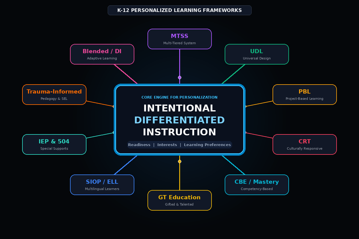 Intentional Differentiated Instruction Hub.png Intentional Differentiated Instruction framework diagram with surrounding personalized learning approaches